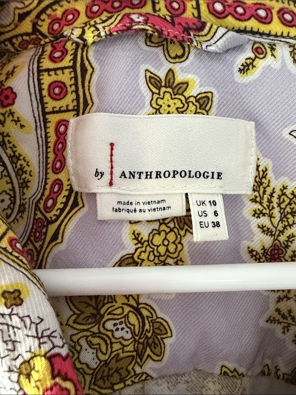 Anthropologie Short Tie-Front Button Shirt - Lavender with Gold & Pink Print - Picture 2 of 3